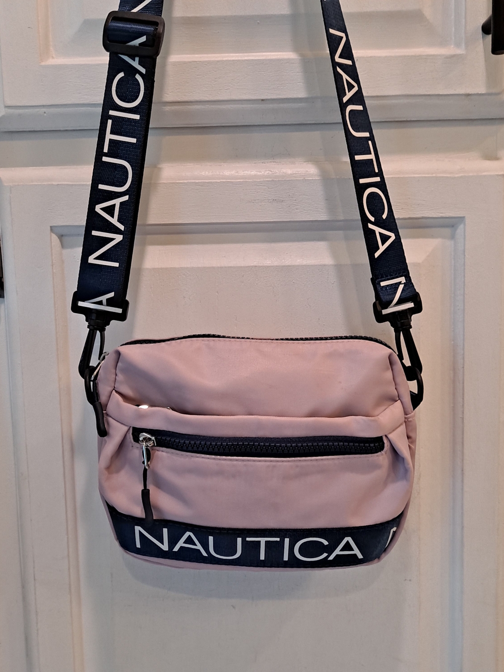 Nautica Lilac Rose Nylon Bean Bag Crossbody Belt Bag with Navy Branded Strap